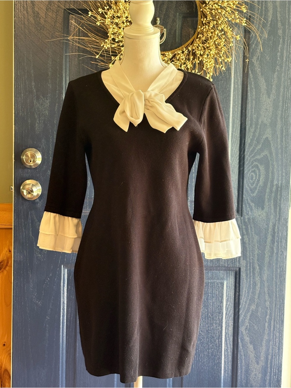 Black Mini Dress with White Bow Neck and Ruffle Sleeves
